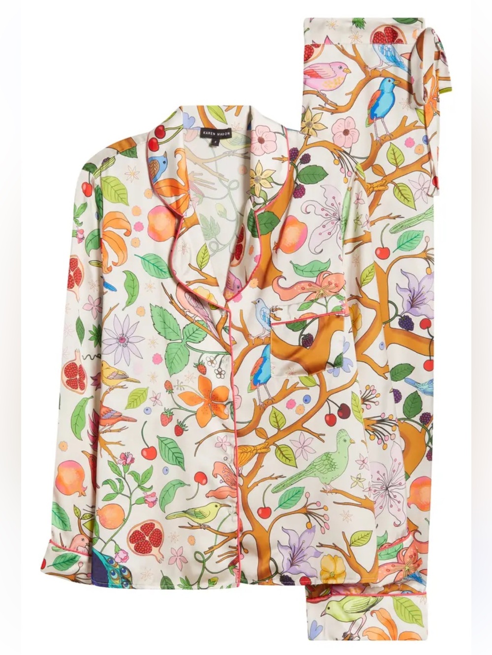 Karen Mabon Satin Tree of Life Floral Bird Pajama Set, Size M - Picture 2 of 8